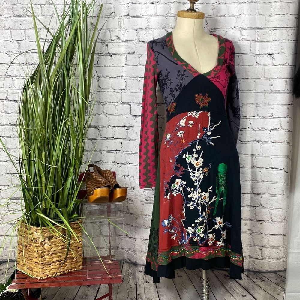 Desigual Fit & Flare Cotton V-Neck Artsy Colorful MIDI Dress large
